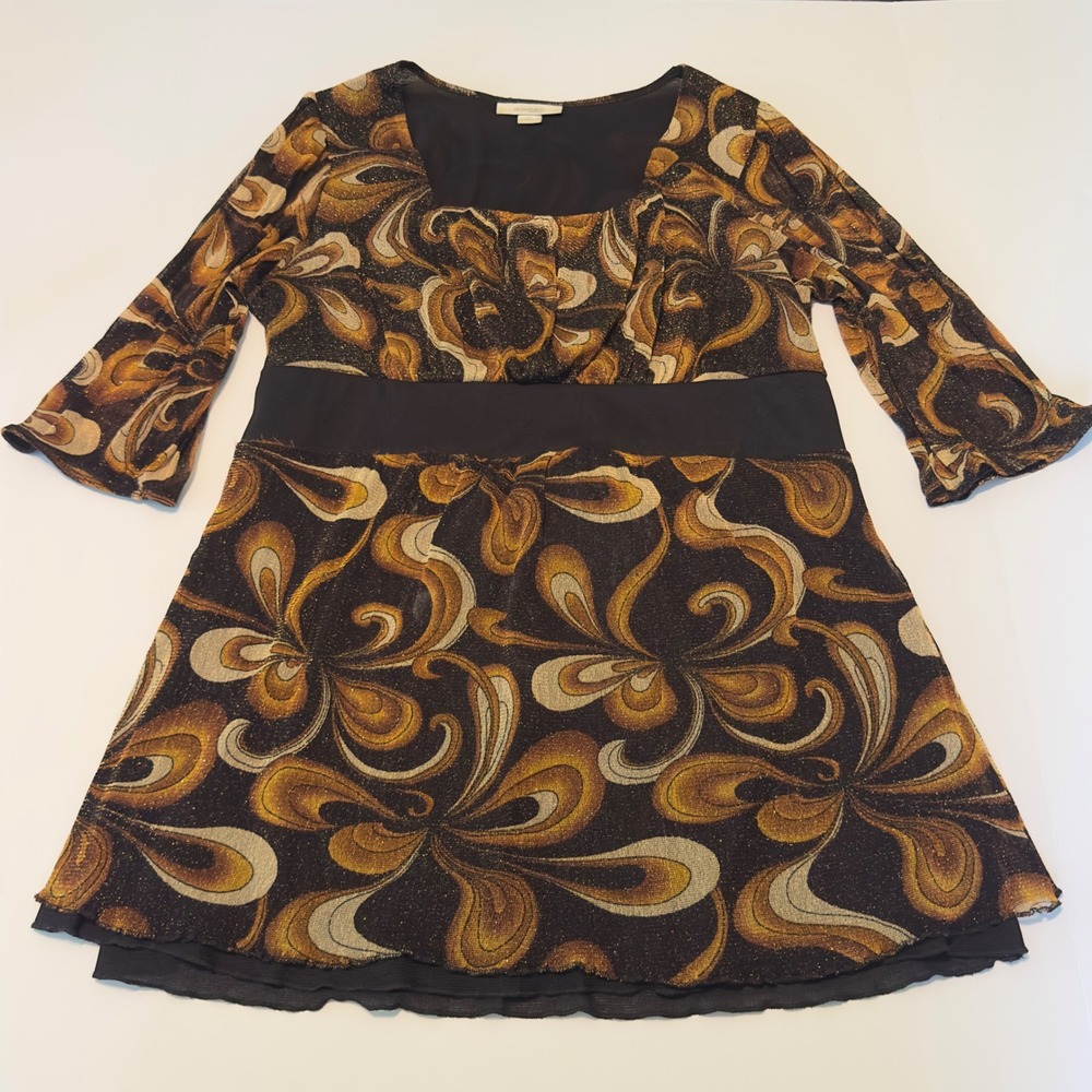 Dressbarn Tunic Gold Metallic Paisley Empire Waist Vintage 1X Bow Back Blouse